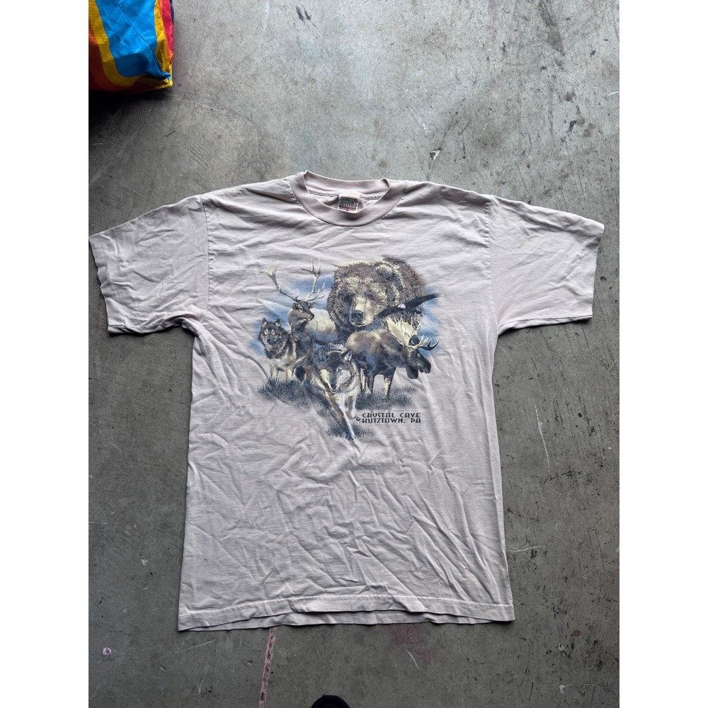 Vintage Suttons Sportswear Wildlife Graphic T-Shirt Single Stitch Tan Large